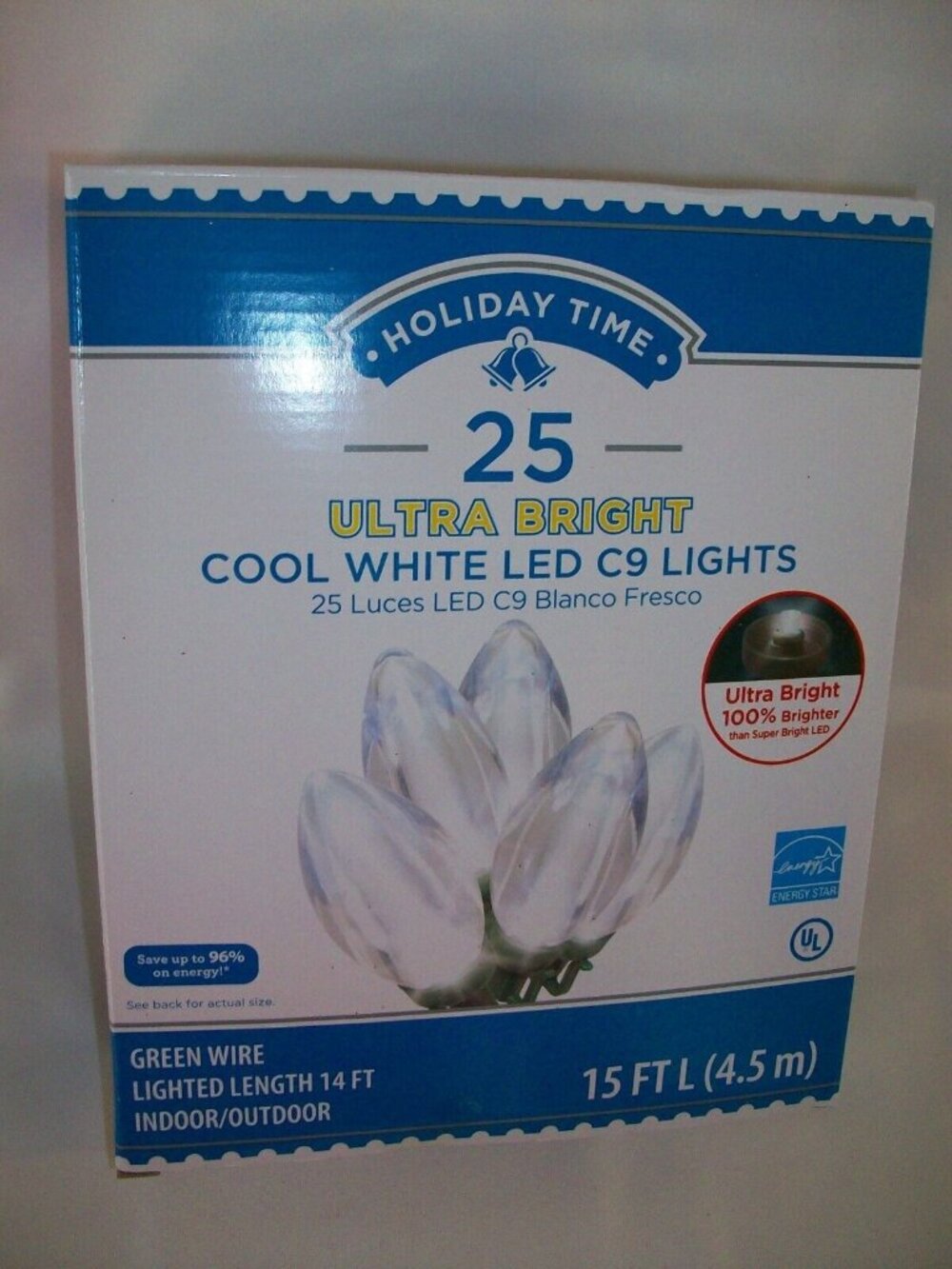 Holiday Time 25 Ultra Bright LED C9 Bulb Christmas Lights Warm White 15' New